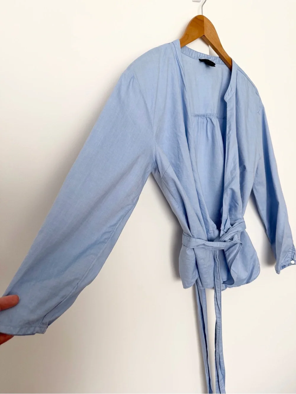 J. Crew Sarah Wrap Top Oxford Powder Blue Long Sleeve Blouse Surplice Medium